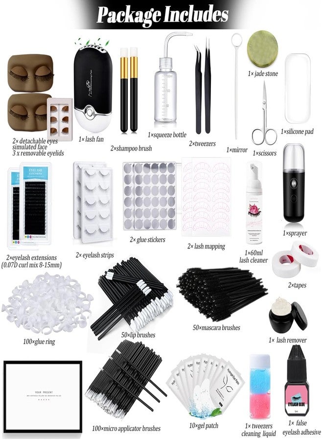 QUKLOGEN Lash Extension Kit for Beginners Lash Mannequin Head with Replaced Eyelids False Eyelashes Practice Eyelash Strips Facial Mister Tweezers Glue USB Fan Professional Set - Image 2